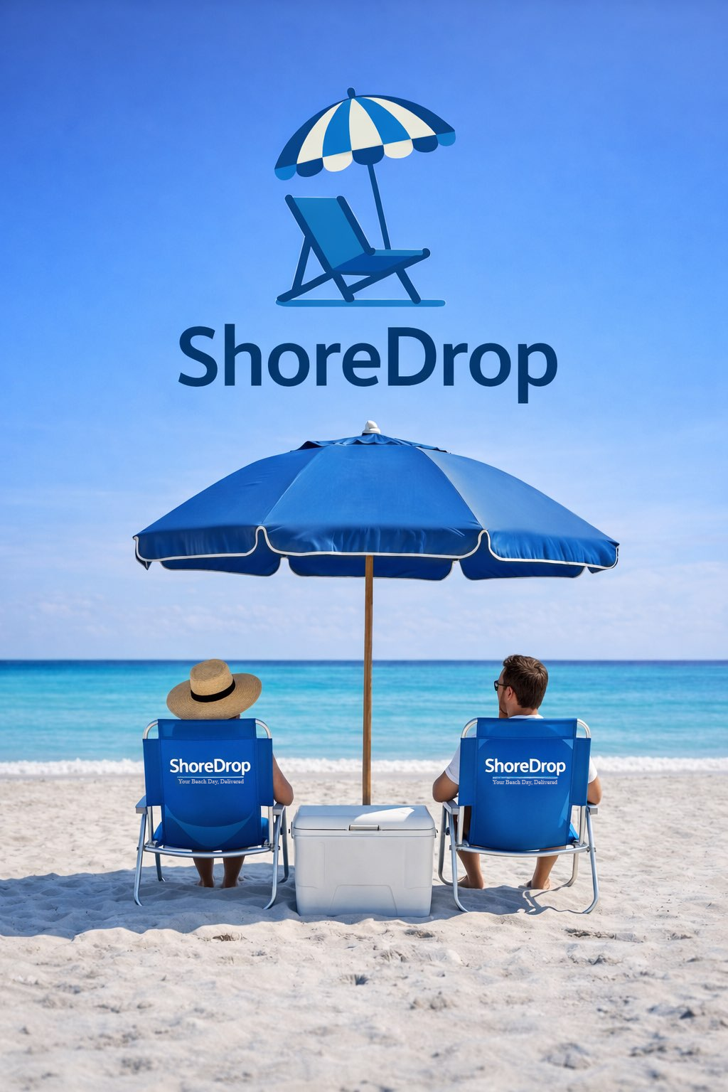 ShoreDrop branded beach equipment including umbrella, chairs, and cooler